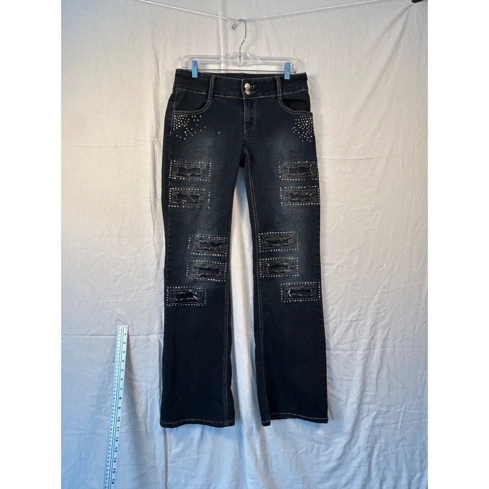 JCW Maxx Jeans Womens  XL Dark Wash Rhinestone Distressed‎ Bootcut Y2K #2238